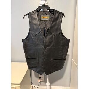 UNIK Leather Apparel Mens 46T Black Genuine Leather Motorcycle Vest